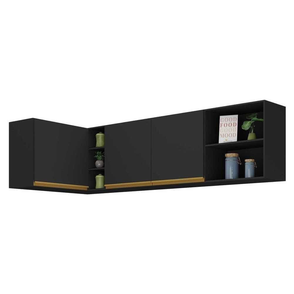 Kit Armário De Cozinha Aéreo Canto 90cm E Aéreo 150cm Veneza Multimóveis Mp2149 Preto-dourado