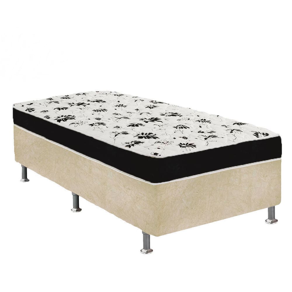 Cama Box Solteiro Suede Bege + Colchão Solteiro Suede Preto Orto Molas Bonnel 88x188x55