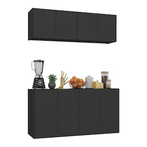 Kit Armário De Cozinha E Aparador 4 Portas Multimóveis Mp2162 Preto Preto