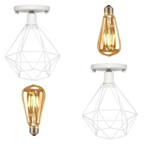 2 Lustre Teto Plafon + 2 Lâmpada Led St64 Industrial Aramado Diamante Retrô Luminária Vintage