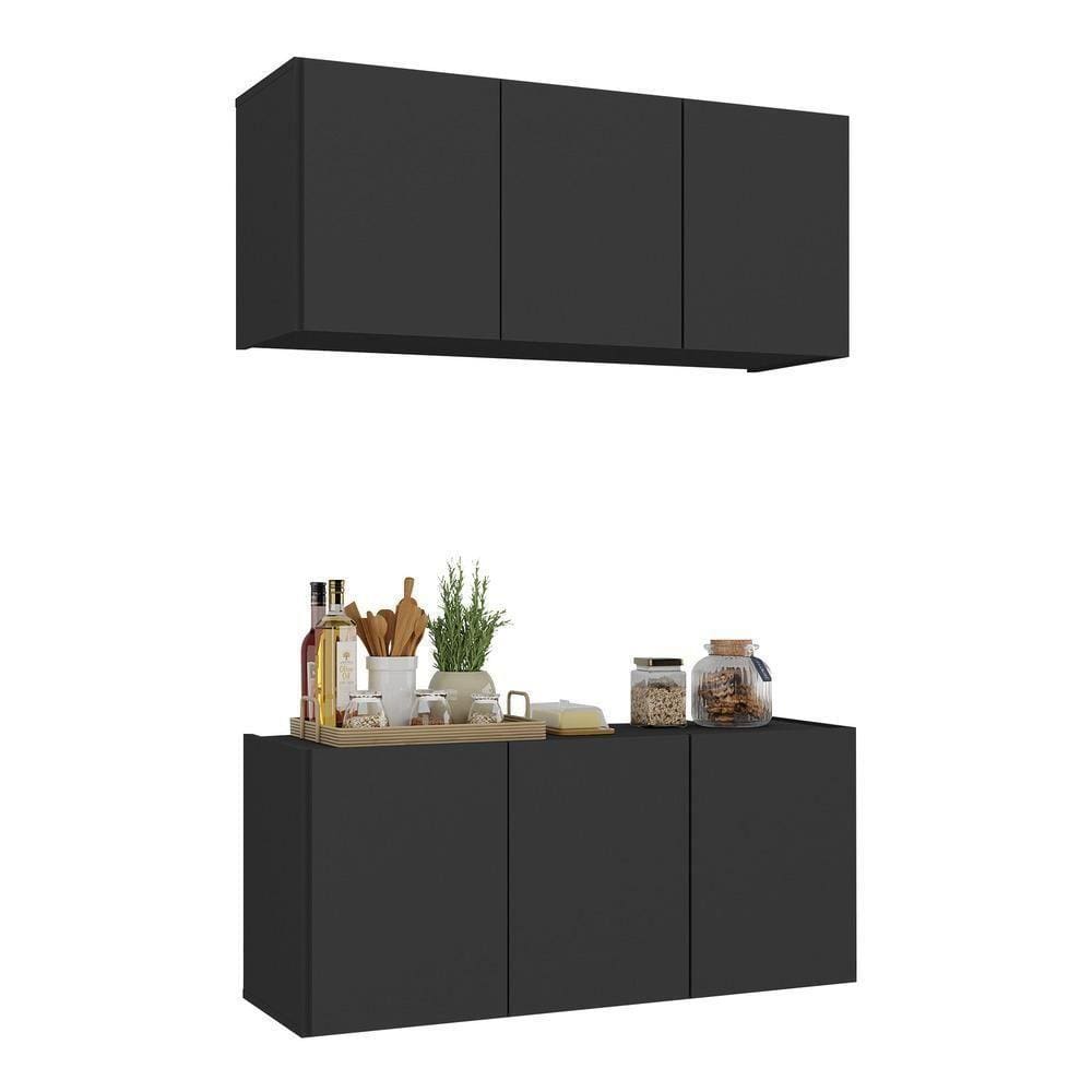 Kit Armário De Cozinha E Balcão 3 Portas Multimóveis Mp2164 Preto Preto