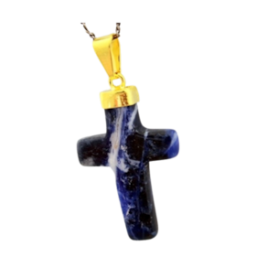 Colar Crucifixo Sodalita Azul Pedra Natural Envolto Dourado