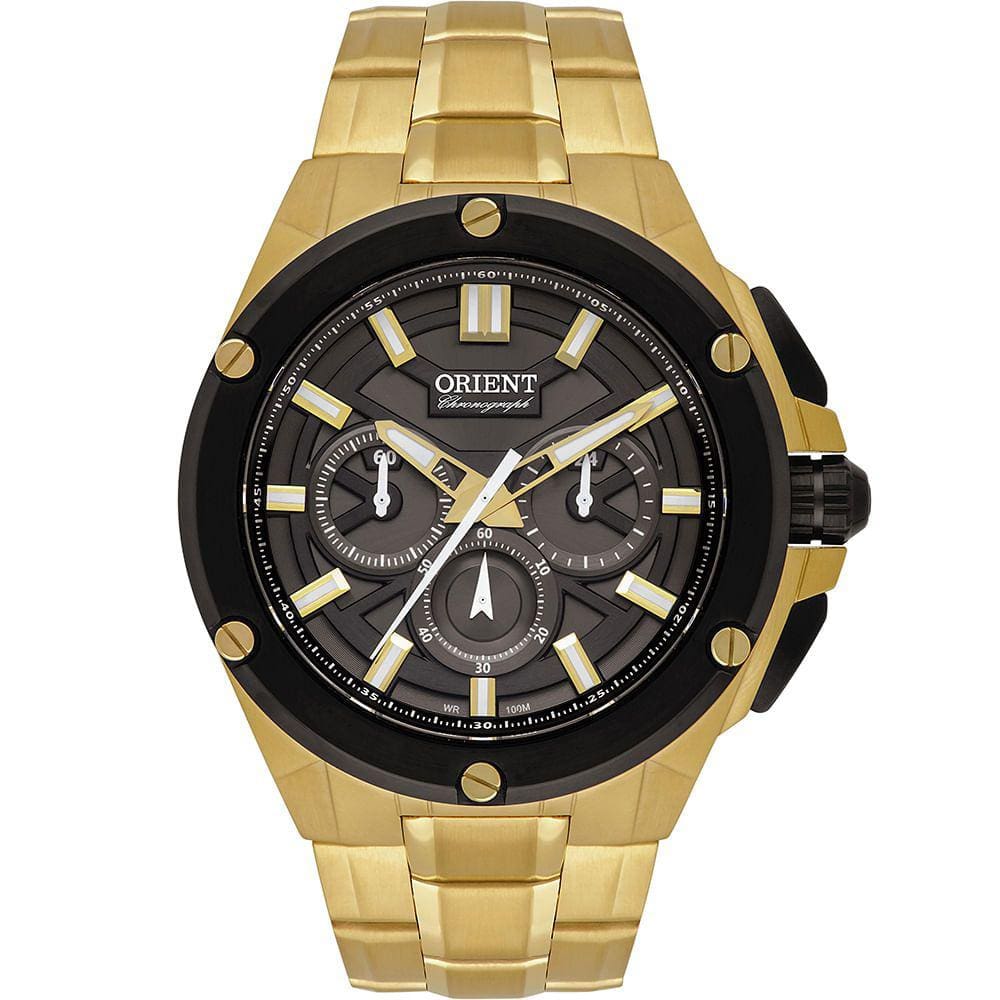 Relógio ORIENT masculino cronógrafo dourado preto MGSSC052 G1KX