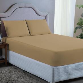 Jogo de Cama King 3 pç Lençol + Fronhas Premium Micro Percal 400 Fios Liso Bege Avelã