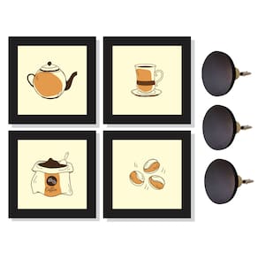 4 Quadros Decorativos Cantinho Café e 3 Ganchos de parede