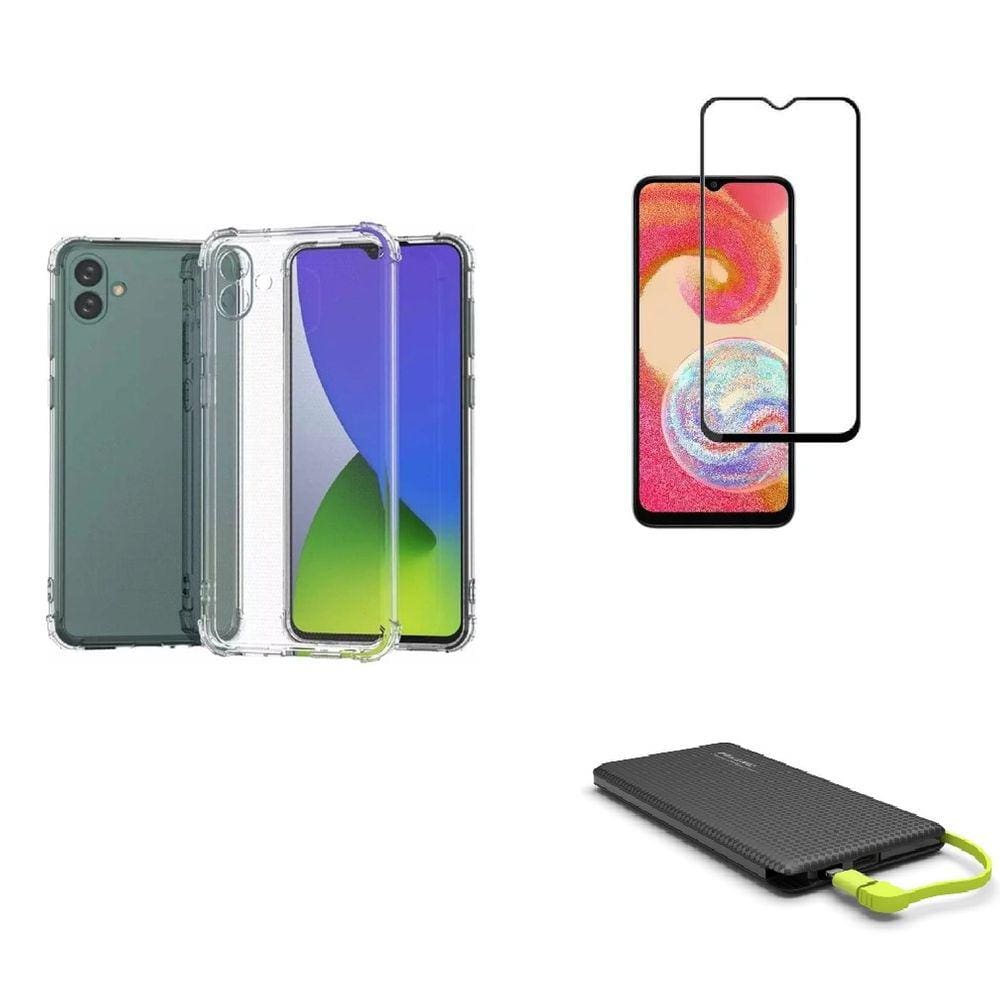 Kit Carregador Portátil Samsung Galaxy A04 + Capa + Película De Vidro 3D