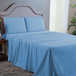 Jogo de Cama King 4 pç Lençol + Fronhas Premium Micro Percal 400 Fios Liso Azul Piscina