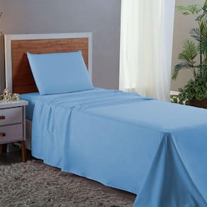 Jogo de Cama de Solteiro 3 pç Lençol + Fronha Premium Micro Percal 400 Fios Liso Azul Piscina