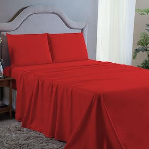 Jogo de Cama de Casal 4 pç Lençol + Fronhas Premium Micro Percal 400 Fios Liso Vermelho