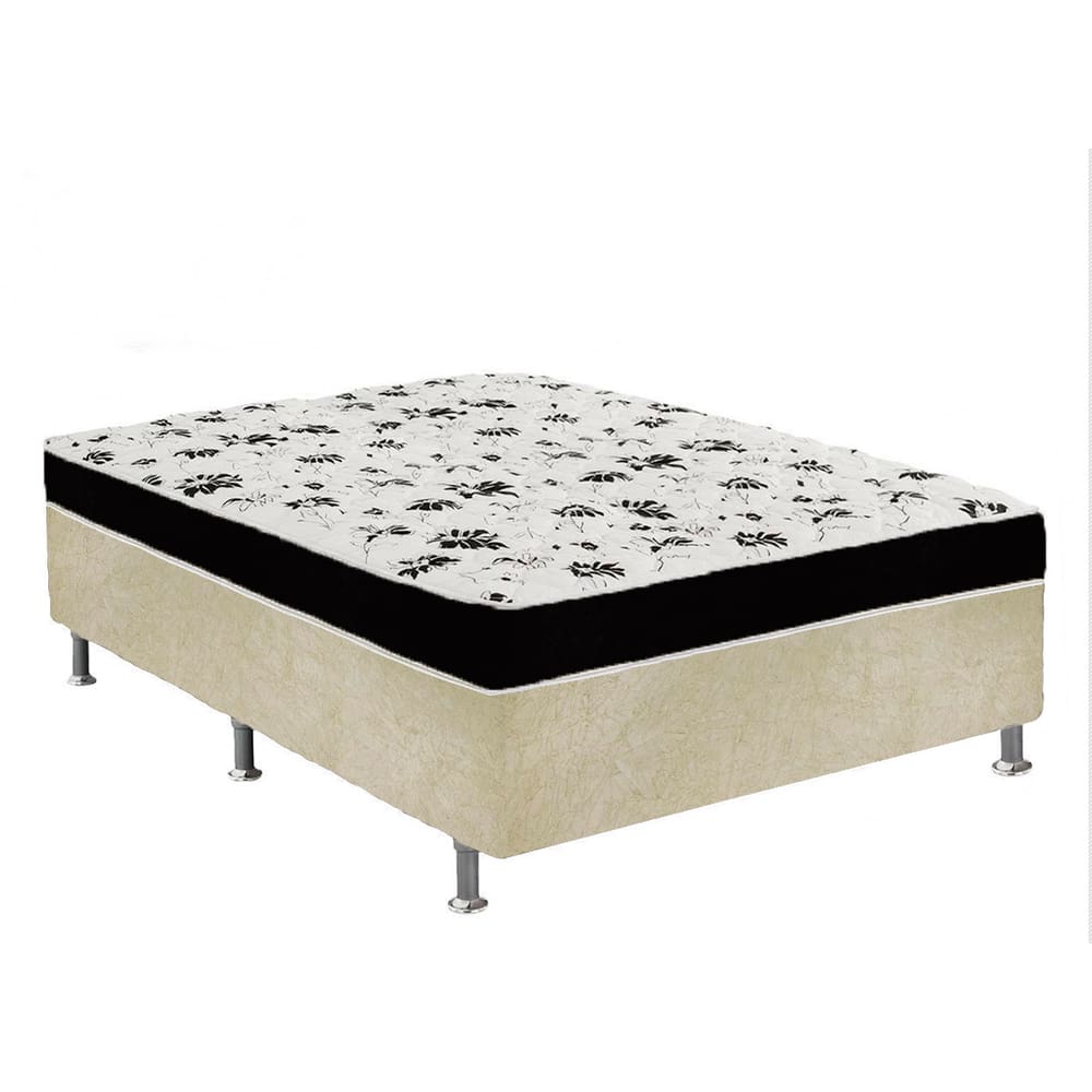 Cama Box Casal Suede Bege + Colchão Casal Suede Preto Orto Molas Bonnel 138x188x55