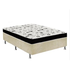 Cama Box Casal Suede Bege + Colchão Casal Suede Preto Orto Molas Ensacada 138x188x55