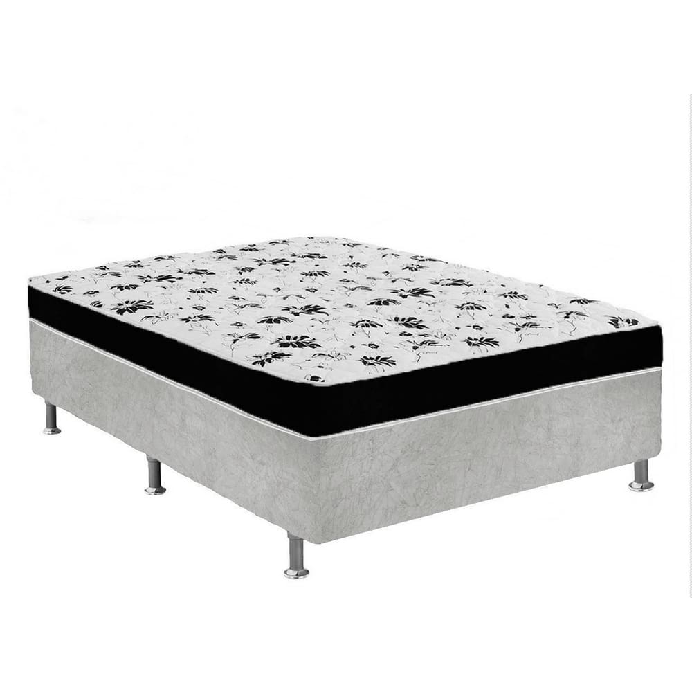Cama Box Casal Suede Cinza + Colchão Casal Suede Preto Orto Molas Ensacada 138x188x55