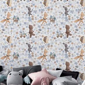 Papel De Parede Infantil Aquarela Animais Floridos Quarto Sala Cozinha Lavavel Viníl 6m