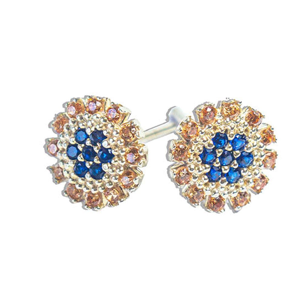 Brinco Flor Zircônia Azul Prata 925 8mm