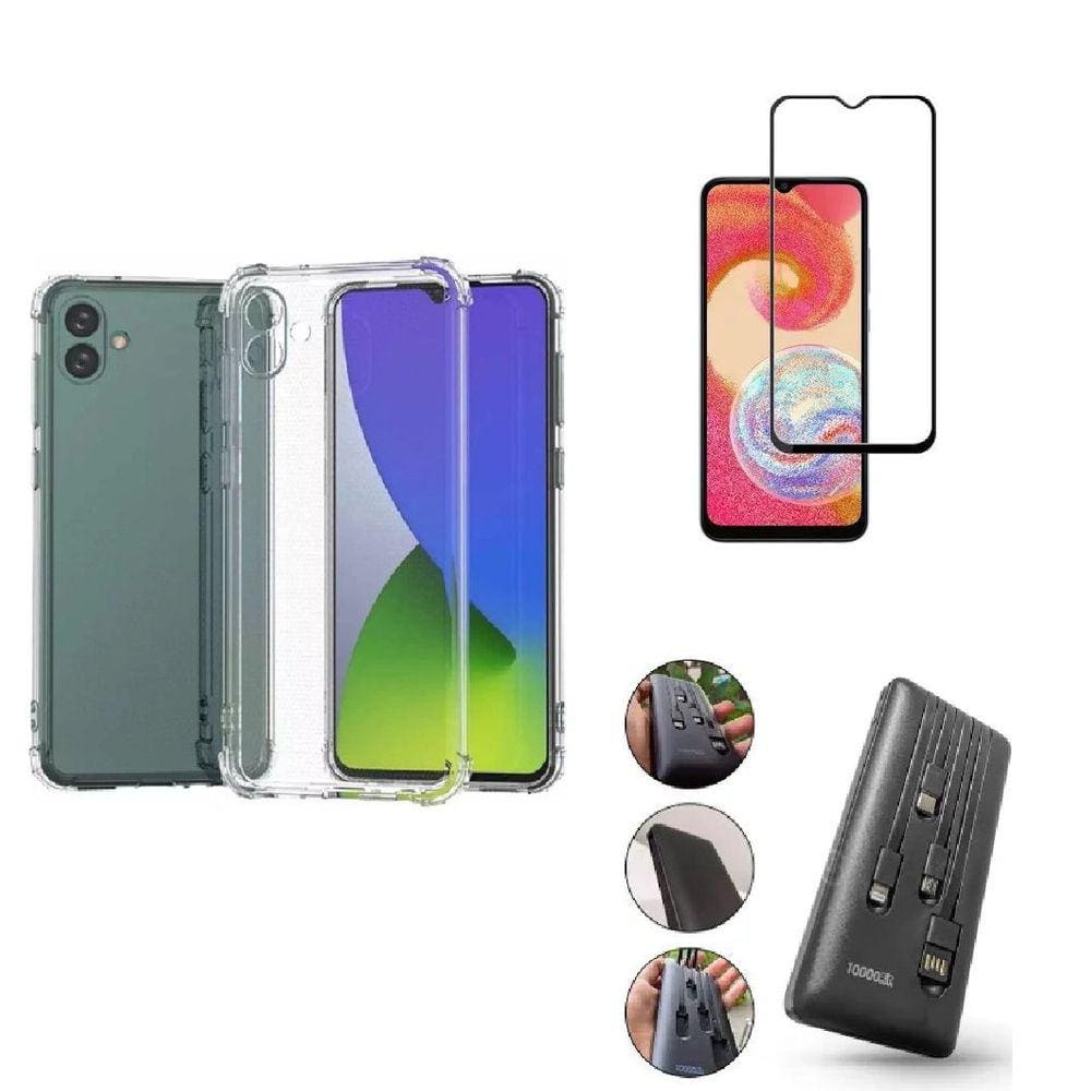 Kit Carregador Portátil BlueStar 10.000mAH  Samsung Galaxy A04 + Capa + Película De Vidro 3D