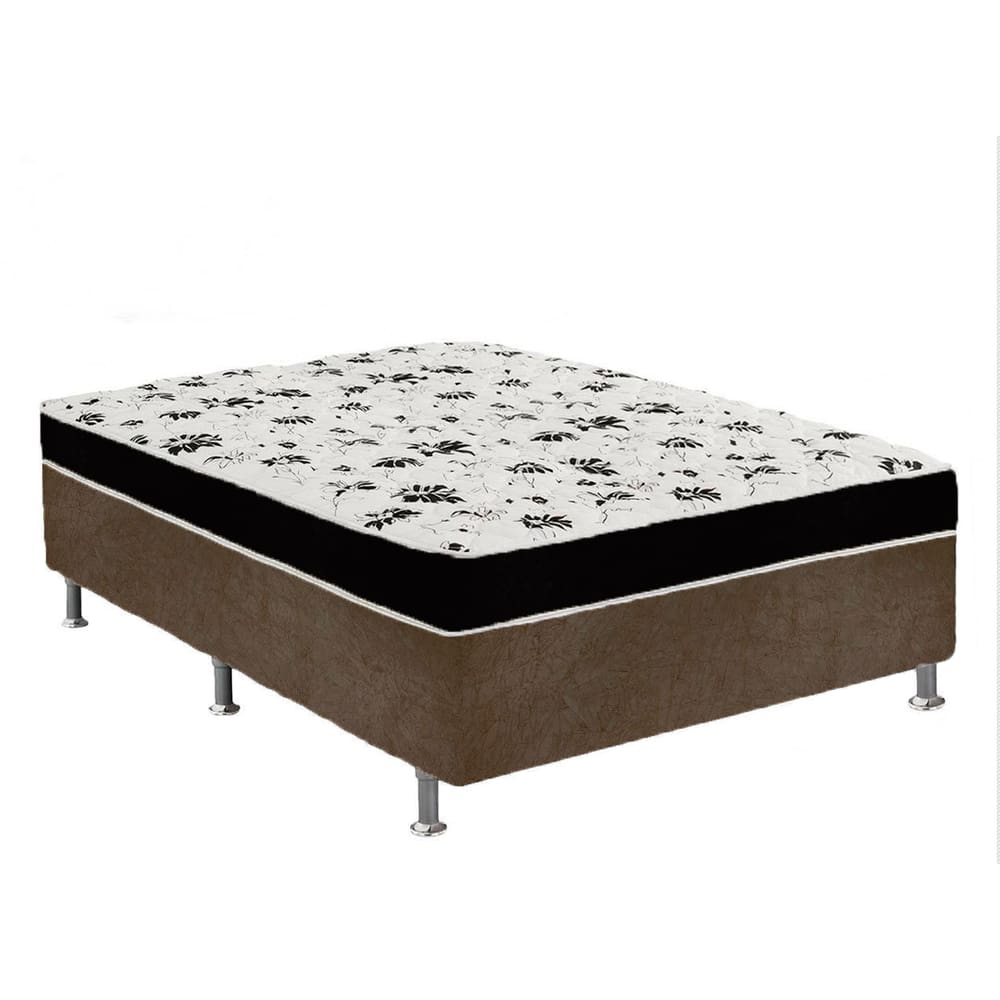 Cama Box Casal Suede Marrom + Colchão Casal Suede Preto Orto Molas Ensacada 138x188x55