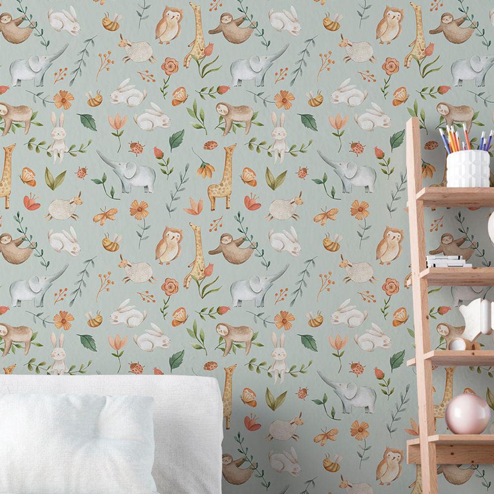 Papel de Parede Auto Colante Aquarela verde Animais safari decorativo Quarto Menino 18m