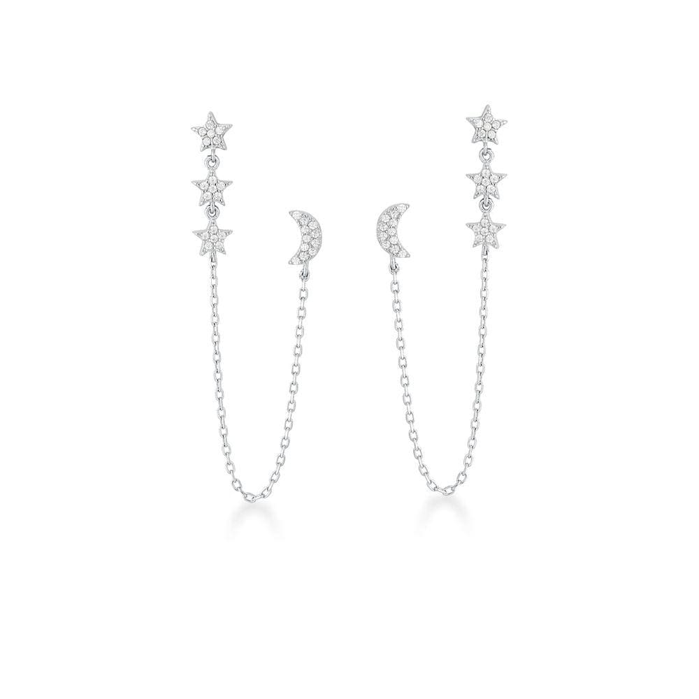 Brinco ear line com estrelas e lua cravejado prata rodinada-Zarpellon