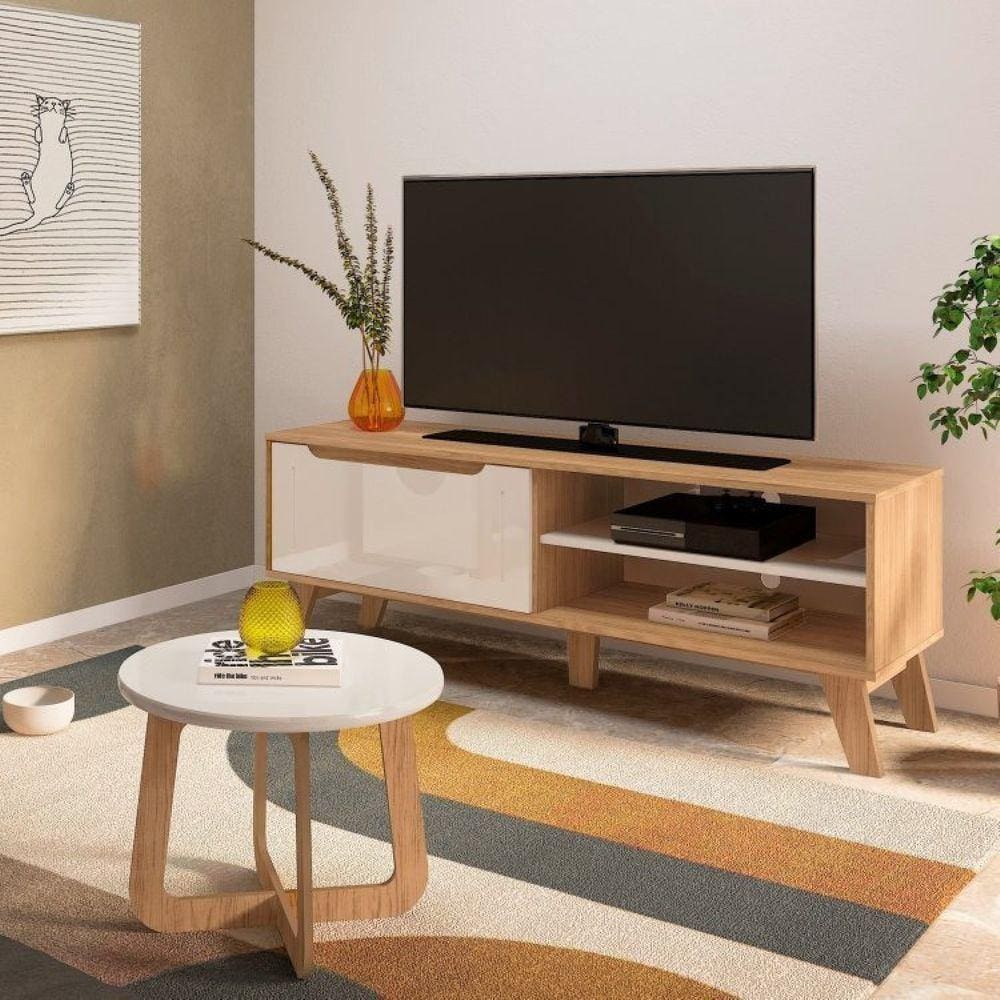 Sala de Estar Completa Rack com Mesa de Centro Lotus Jasmin Carvalho/Off White