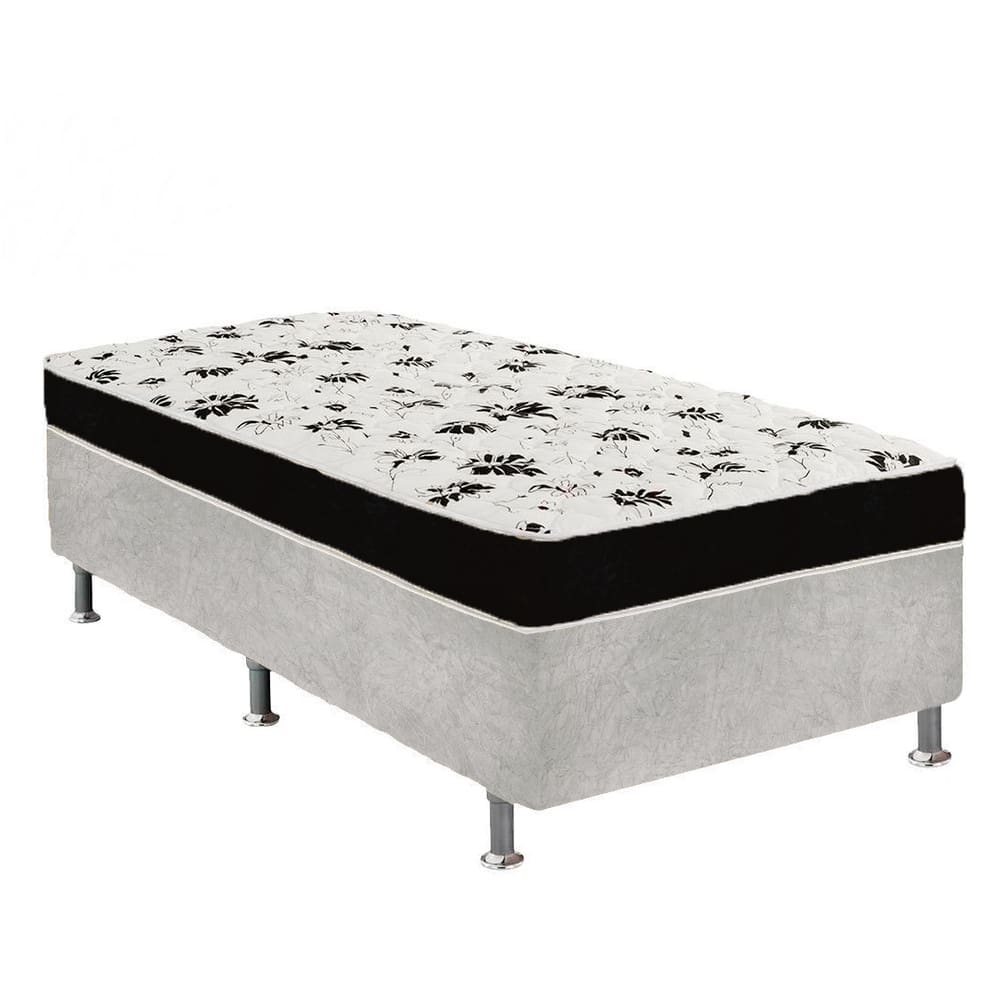 Cama Box Solteiro Suede Cinza + Colchão Solteiro Suede Preto Orto Molas Bonnel 88x188x55