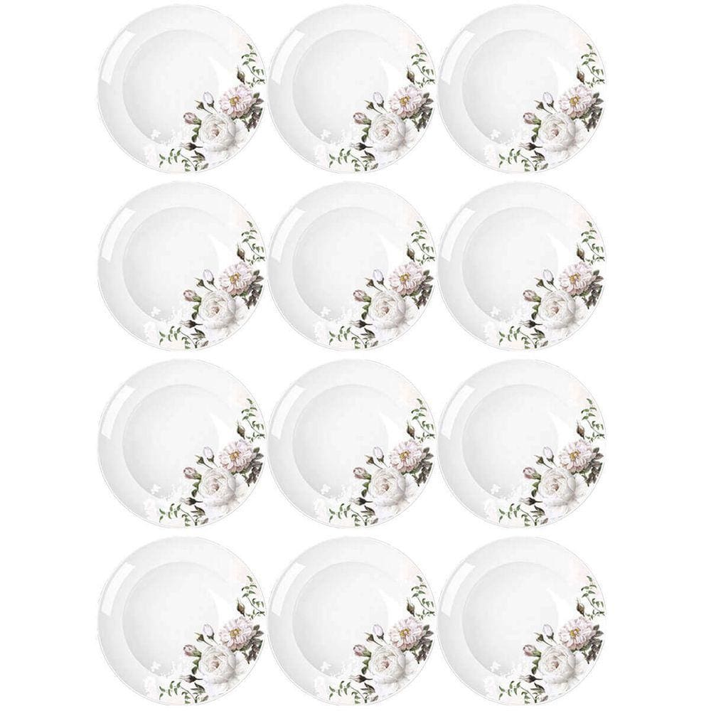 Jogo 12 Pratos Fundos Redondos 23cm Garden em Porcelana com Estampa Floral Germer