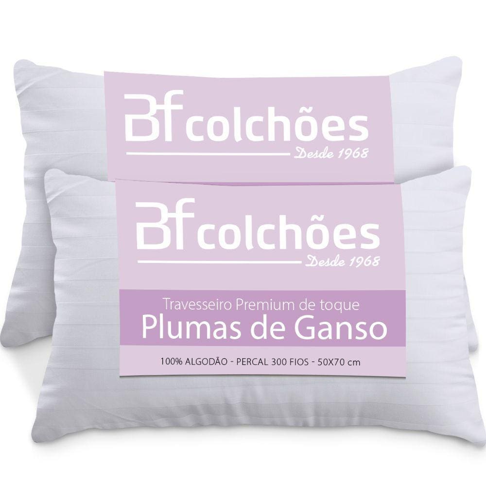 Kit 2 Travesseiros Fibras Toque Pluma de Ganso 100% Algodão Percal 300 Fios Premium Antialérgico 50x70cm - BF Colchões