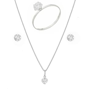 Colar De Prata 45cm Conjunto Feminino Anel Zircônia Brinco Pingente Ponto De Luz