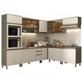 Cozinha Completa de Canto 9 Peças Connect com Aéreo Vidro Basculante - Móveis Henn