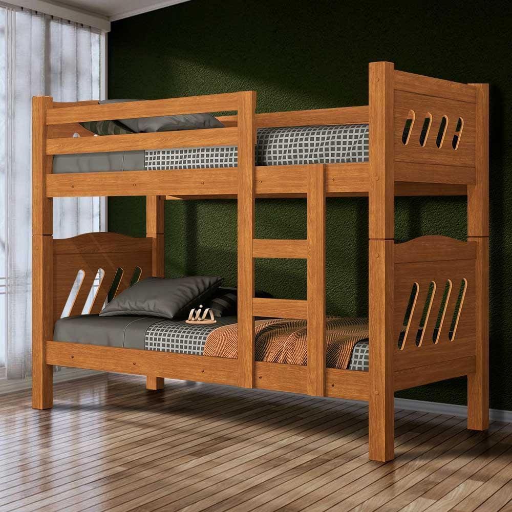 Beliche De Solteiro Com Cabeceira 100% MDF Com 2 Colchões Nature Dafau Shop Jm - Marrom