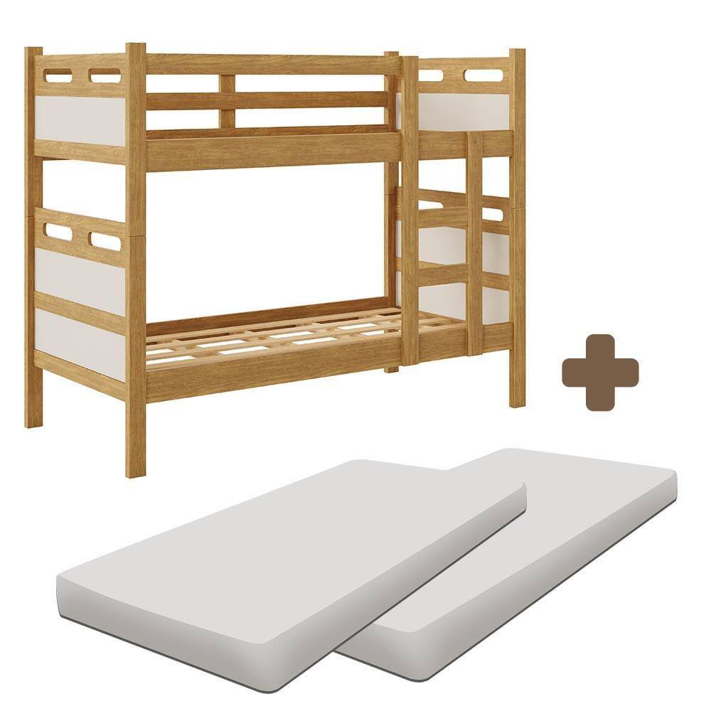 Beliche De Solteiro Com Escada E Cabeceira 100% MDF Com 2 Colchões Cinamomo Off White Jaspe Fênix - Marrom