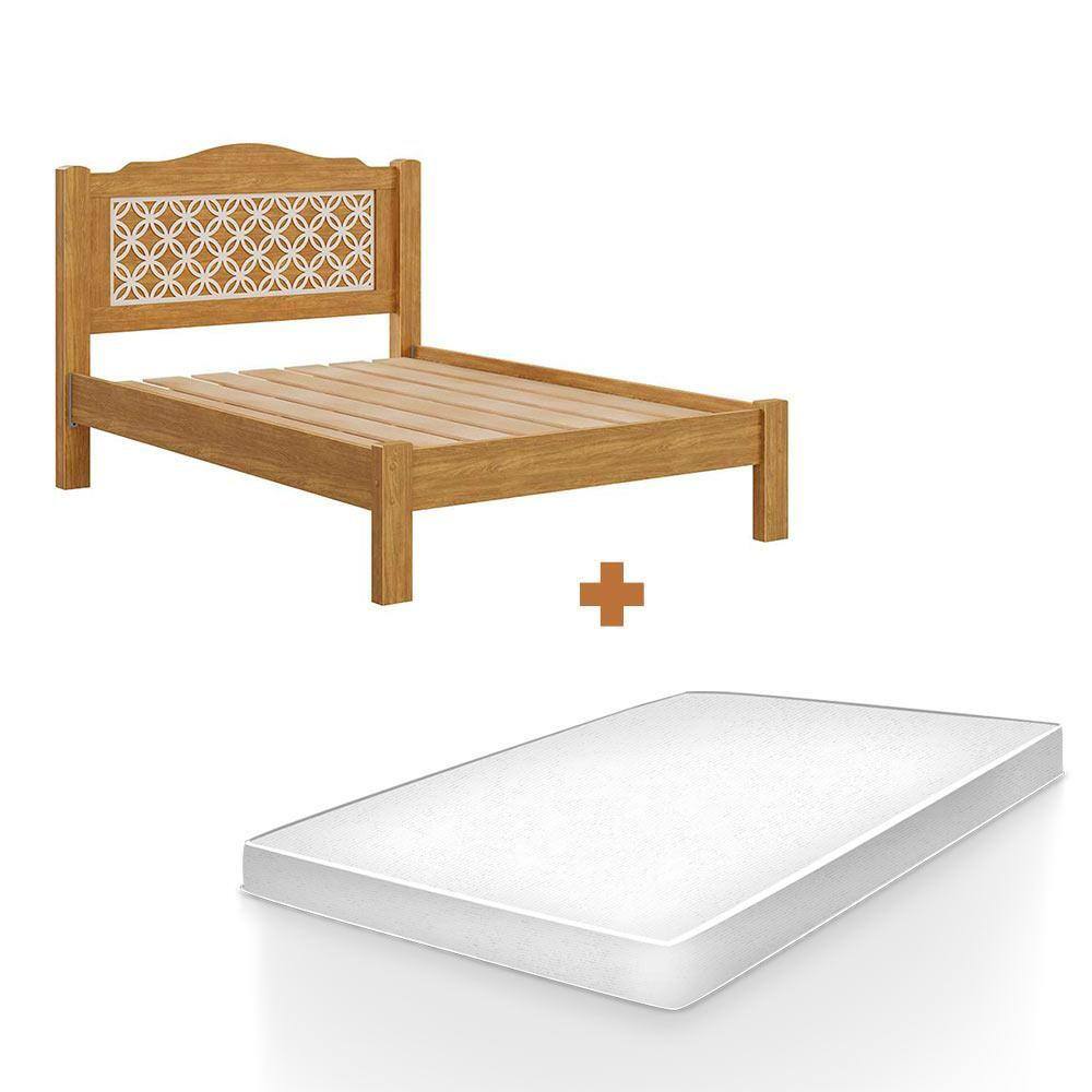 Cama De Casal Com Cabeceira 100% MDF E Colchão Cinamomo Off White Flex Munique Fênix - Marrom