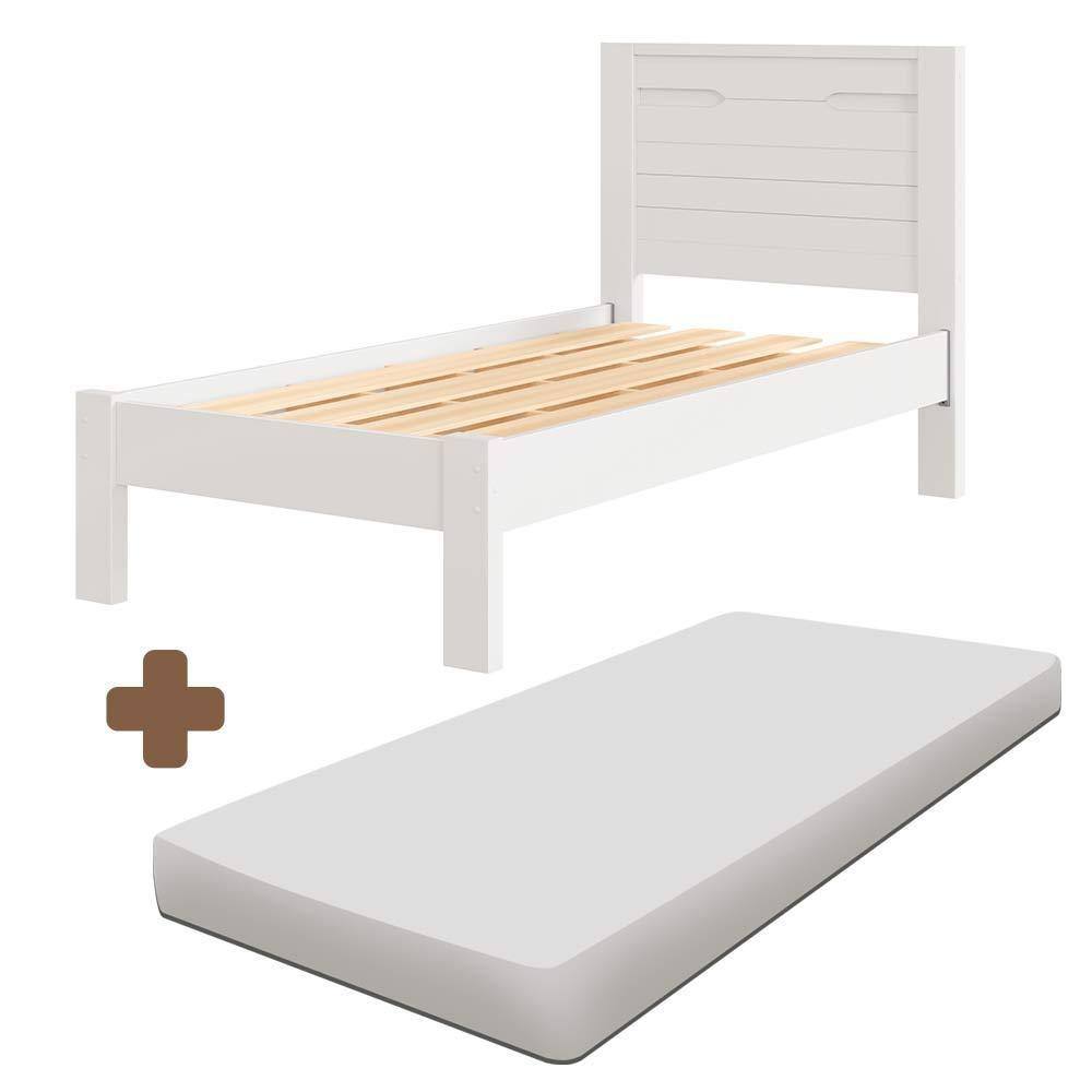 Cama Com Cabeceira 100% MDF Solteiro Com Colchão Branco Roma Fênix - Branco