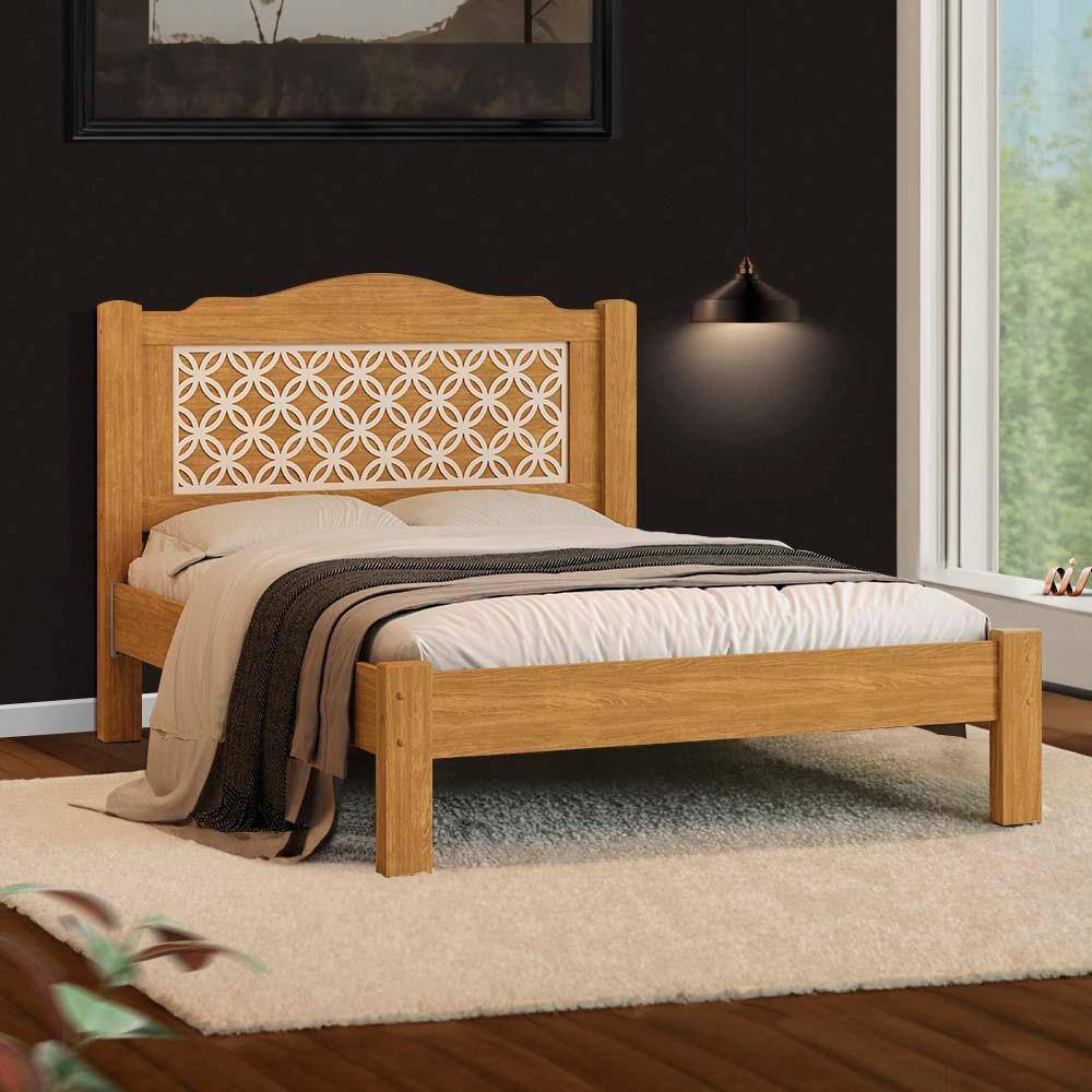 Cama Casal Com Colchão Cabeceira 100% MDF Cinamomo Off White Flex Stevie Shop Jm - Marrom