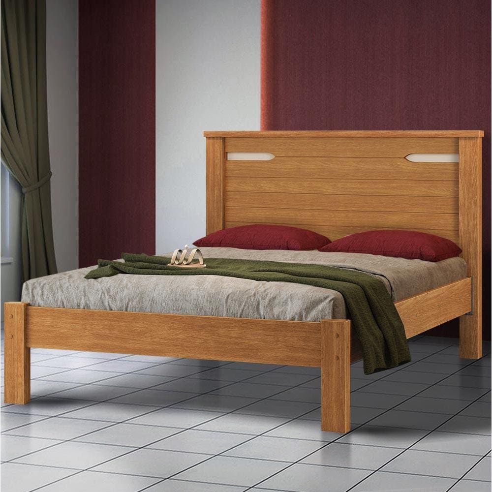 Cama De Casal Com Cabeceira 100% MDF Com Colchão Nature Off White Fege Shop Jm - Marrom