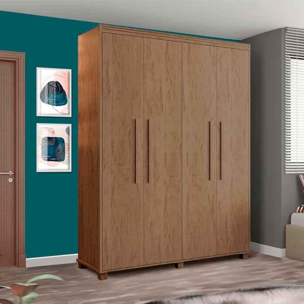 Guarda Roupa 4 Portas 100% MDF Com Pés Em Madeira Castanho Remy Shop Jm - Marrom