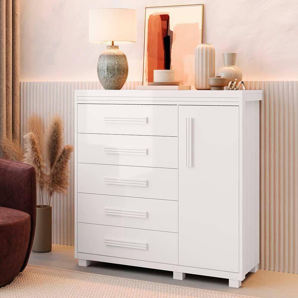 Cômoda 5 Gavetas 1 Porta Branco Londres Fênix | Casas Bahia