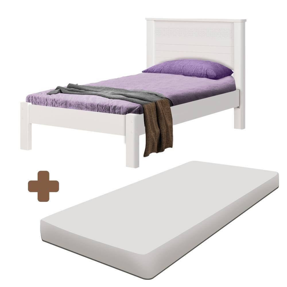 Cama De Solteiro 99x200 Com Cabeceira 100% MDF Com Colchão Branco Dubai Fênix - Branco