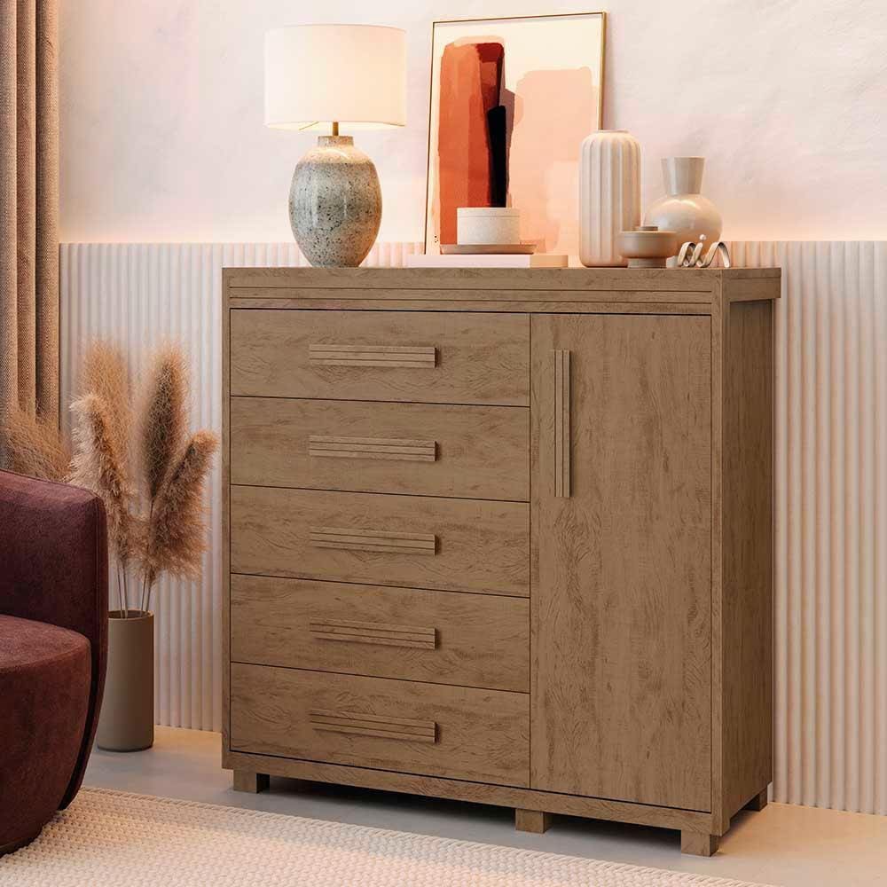Cômoda 5 Gavetas 1 Porta Castanho Londres Fênix | Casas Bahia