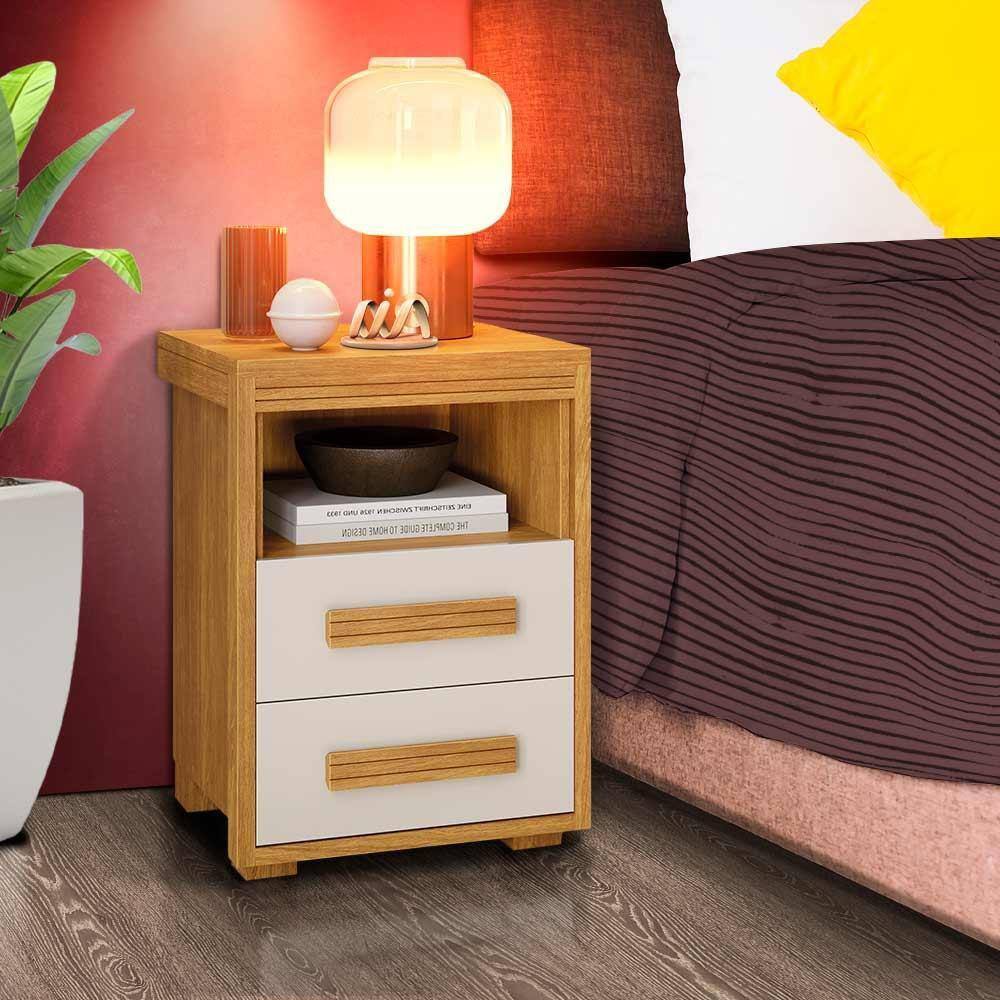 Mesa De Cabeceira Retrô 2 Gavetas 1 Nicho Cinamomo Off White Yumi Shop JM - Off White