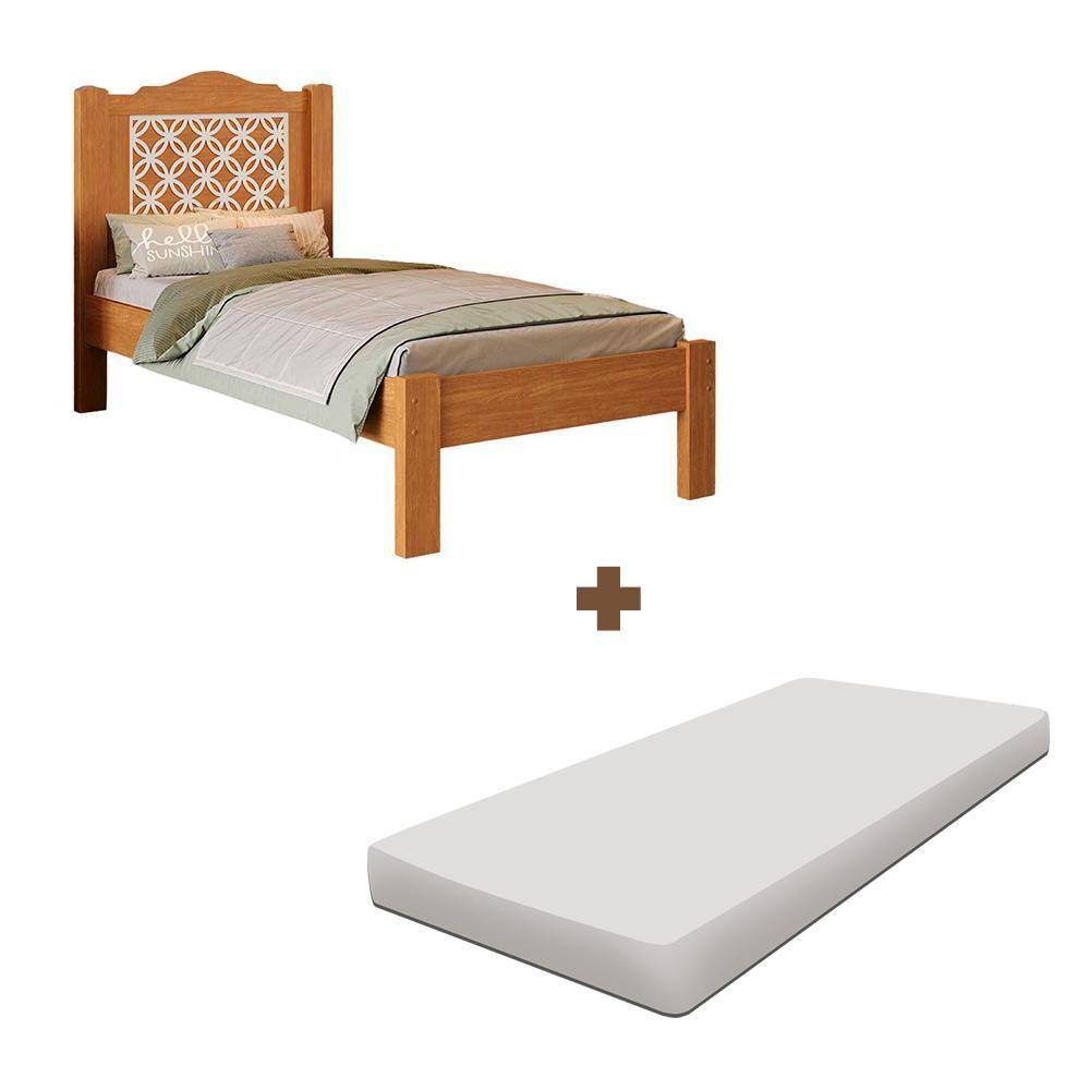 Cama De Solteiro Com Colchão E Cabeceira 100% MDF Nature Off White Flex Munique Fênix - Marrom