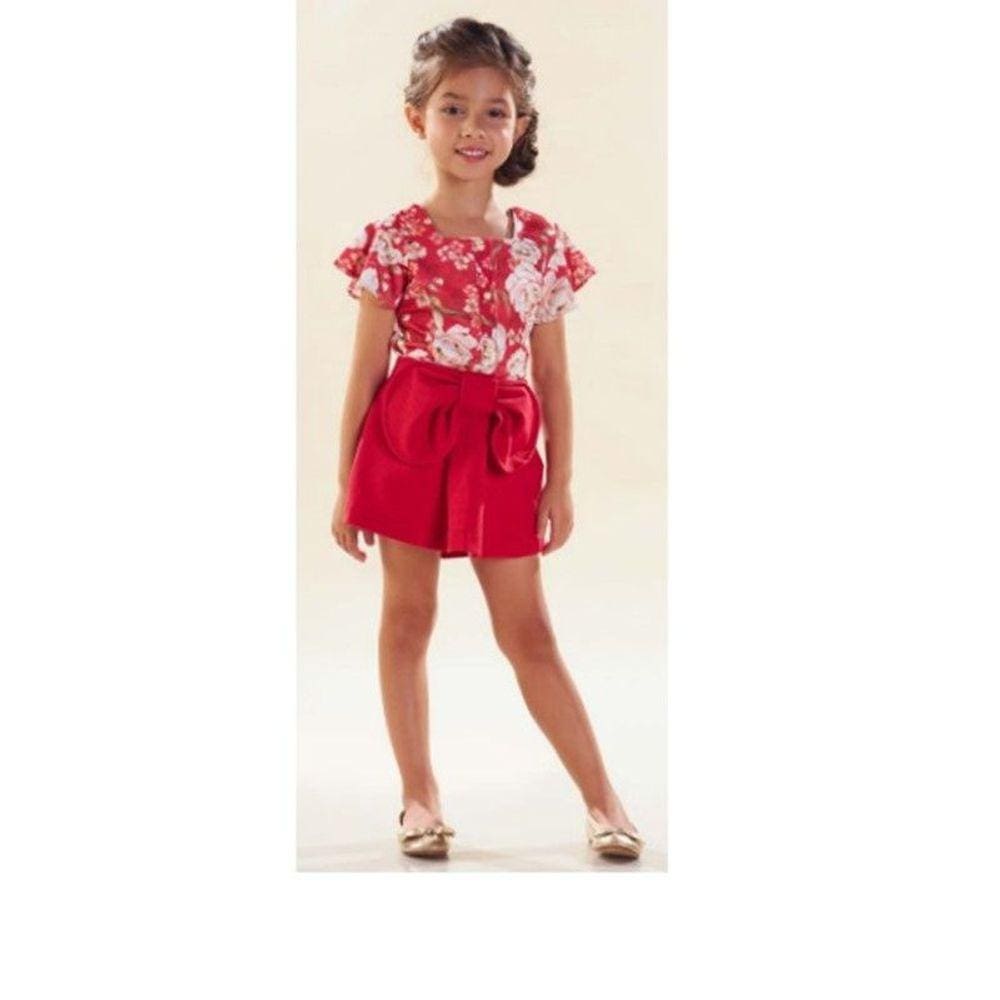 Conjunto croped estampado shorts saia piquet laço Kiki Xodó