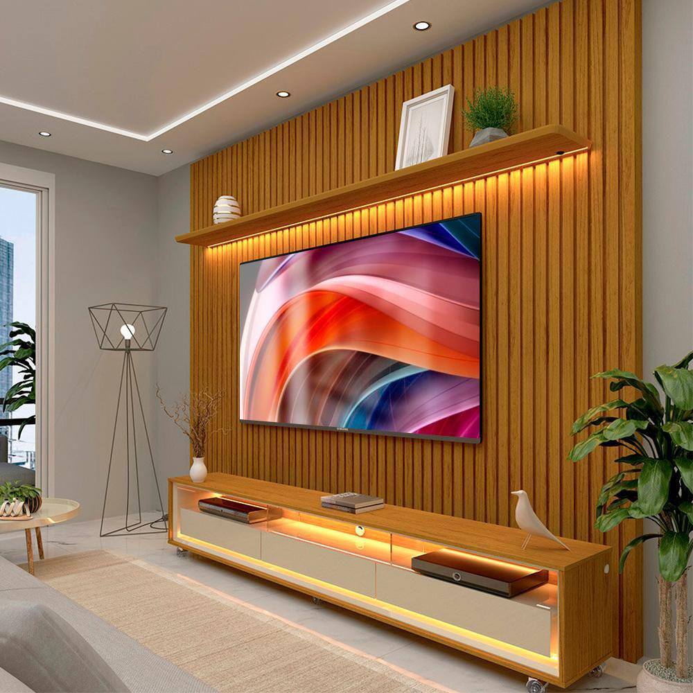 Rack Com Painel Com RodÃzio Para Sala 85 Polegadas Naturale Off White Nobre Gelius - Marrom