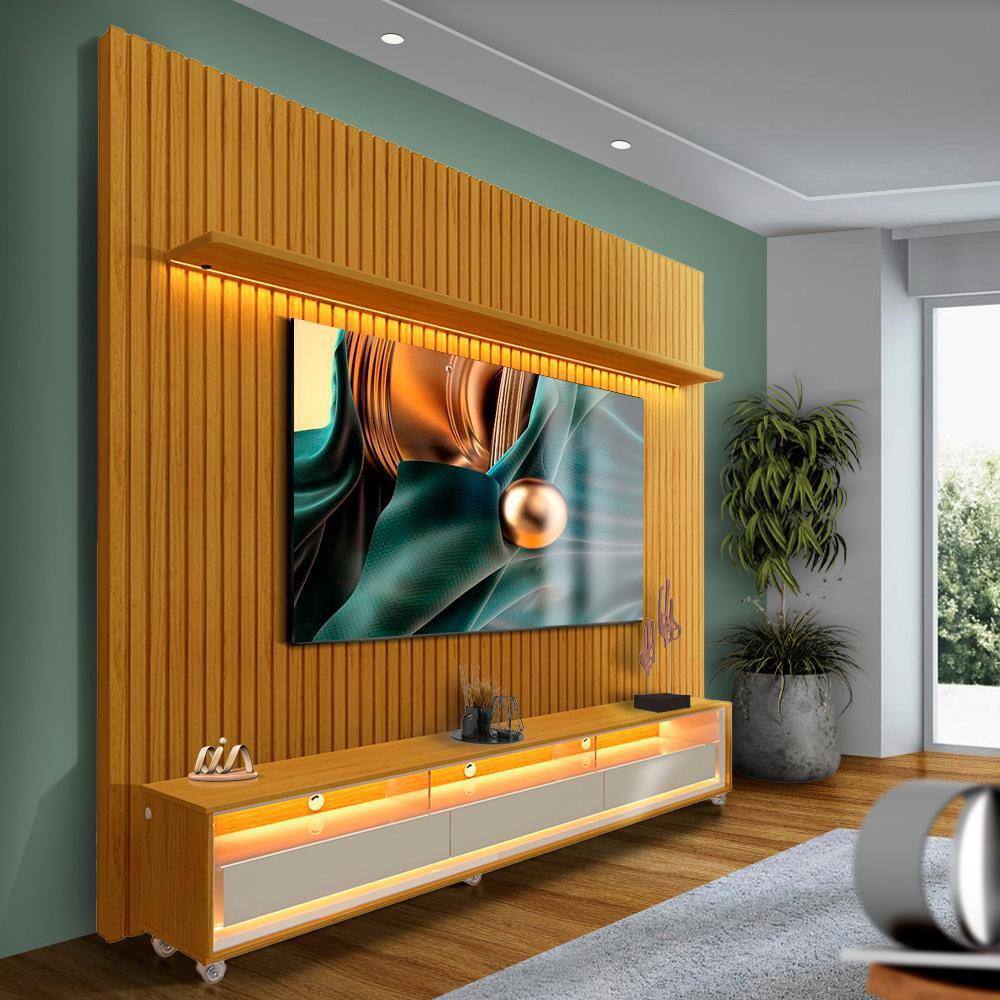 Rack Com Painel Com Rodízio Para Tv 85 Polegadas Naturale Off White Jayce Shop Jm - Marrom