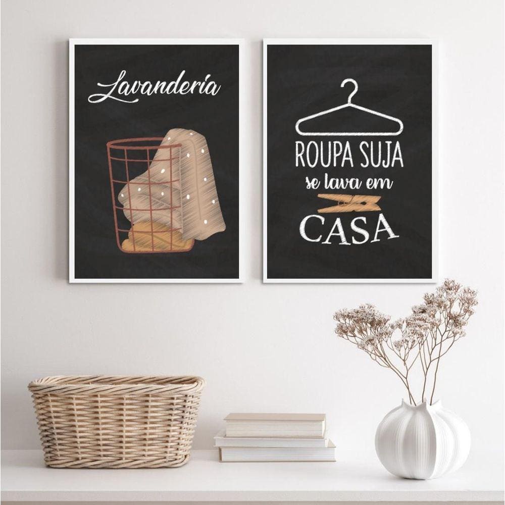 Kit 2 Quadros Decorativos Lavanderia Preto e Marrom 33x24cm
