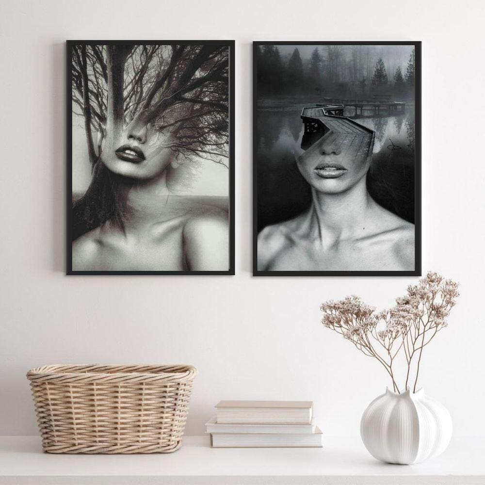 Kit 2 Quadros Abstrata Mulher e Natureza 45x34cm - Preta
