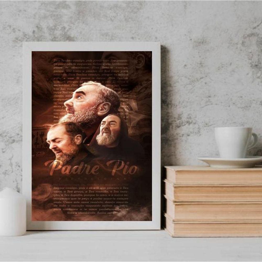 Quadro Decorativo Padre Pio 45x34cm - Vidro e Moldura Branca