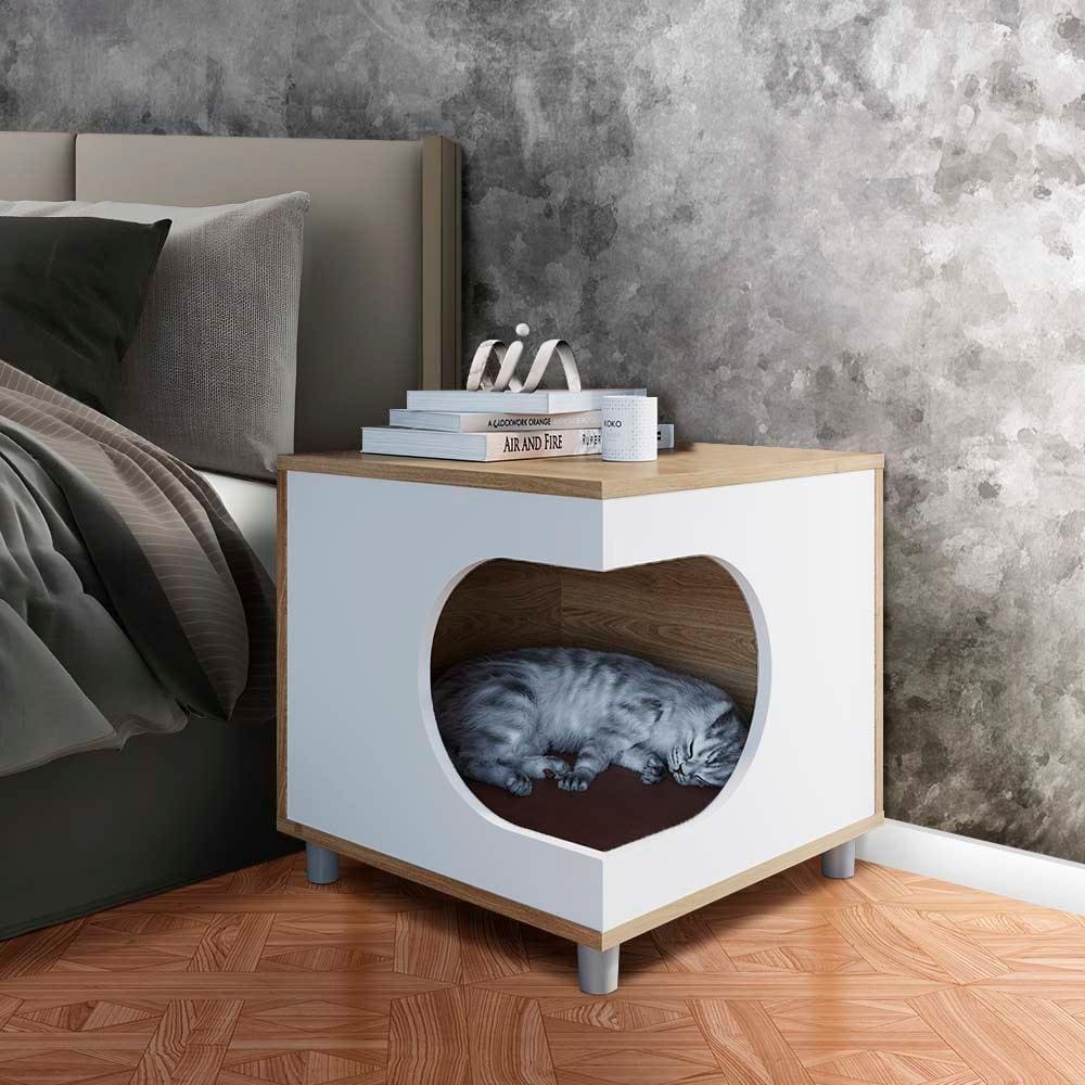 Mesa Lateral E Apoio Casinha Para PET 45 cm Com Almofada Aveiro Oak Branco Mochi Shop JM - Marrom