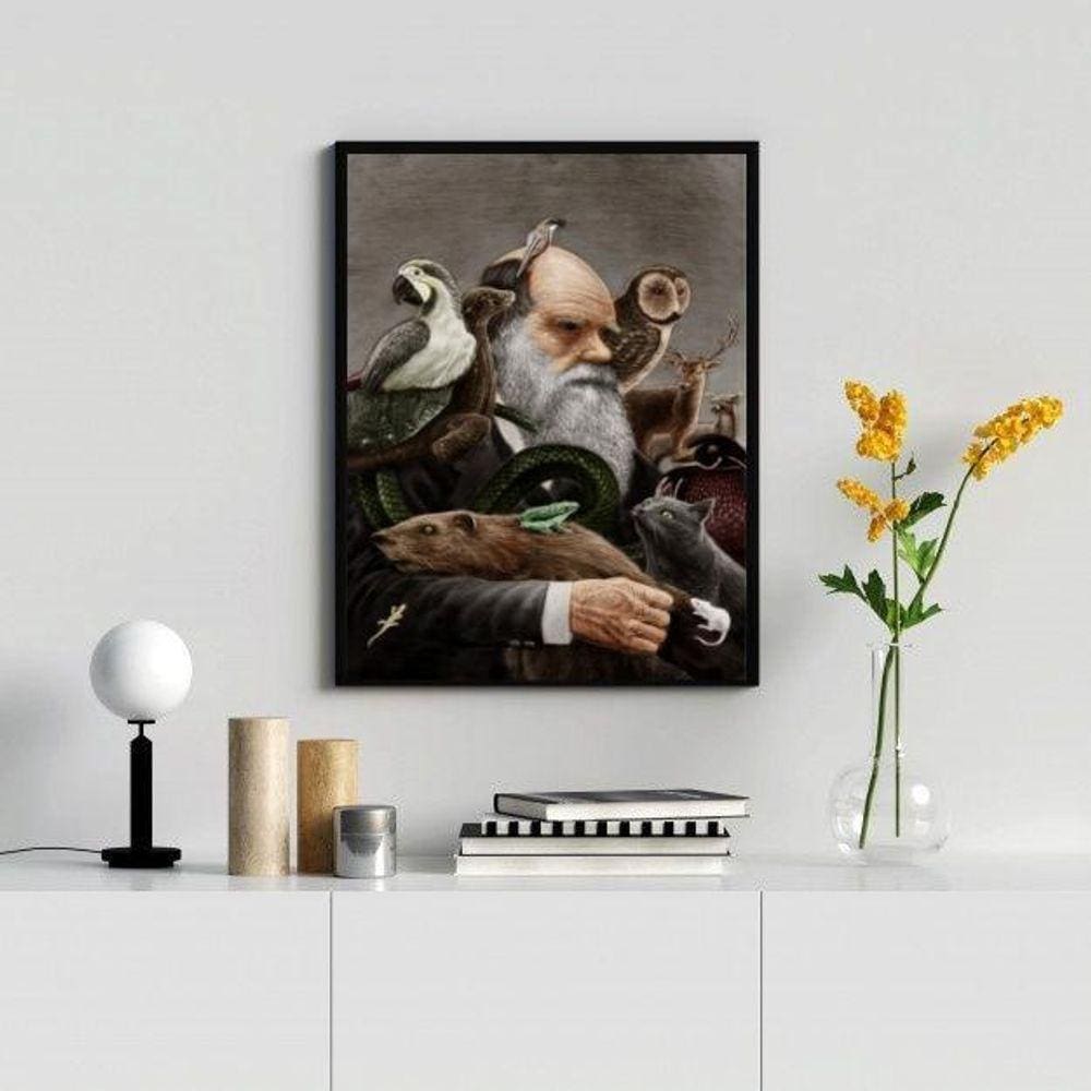 Quadro Decorativo Darwin com Animais 33x24cm - Madeira Preta