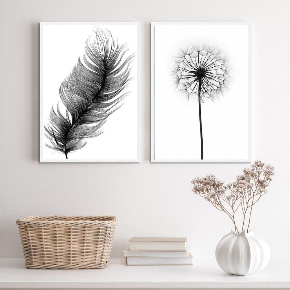 Kit 2 Quadros Minimalistas Pena e Flor 45x34cm - com Vidro