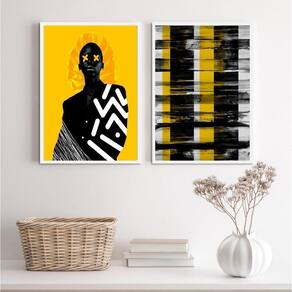 Kit 2 Quadros Abstrato Preto/Amarelo 24x18cm - com Vidro